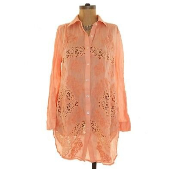 Amita Naithani Top Size XS Button Down Lace Mix Sheer Tunic Orange $148  B40 - Picture 1 of 4